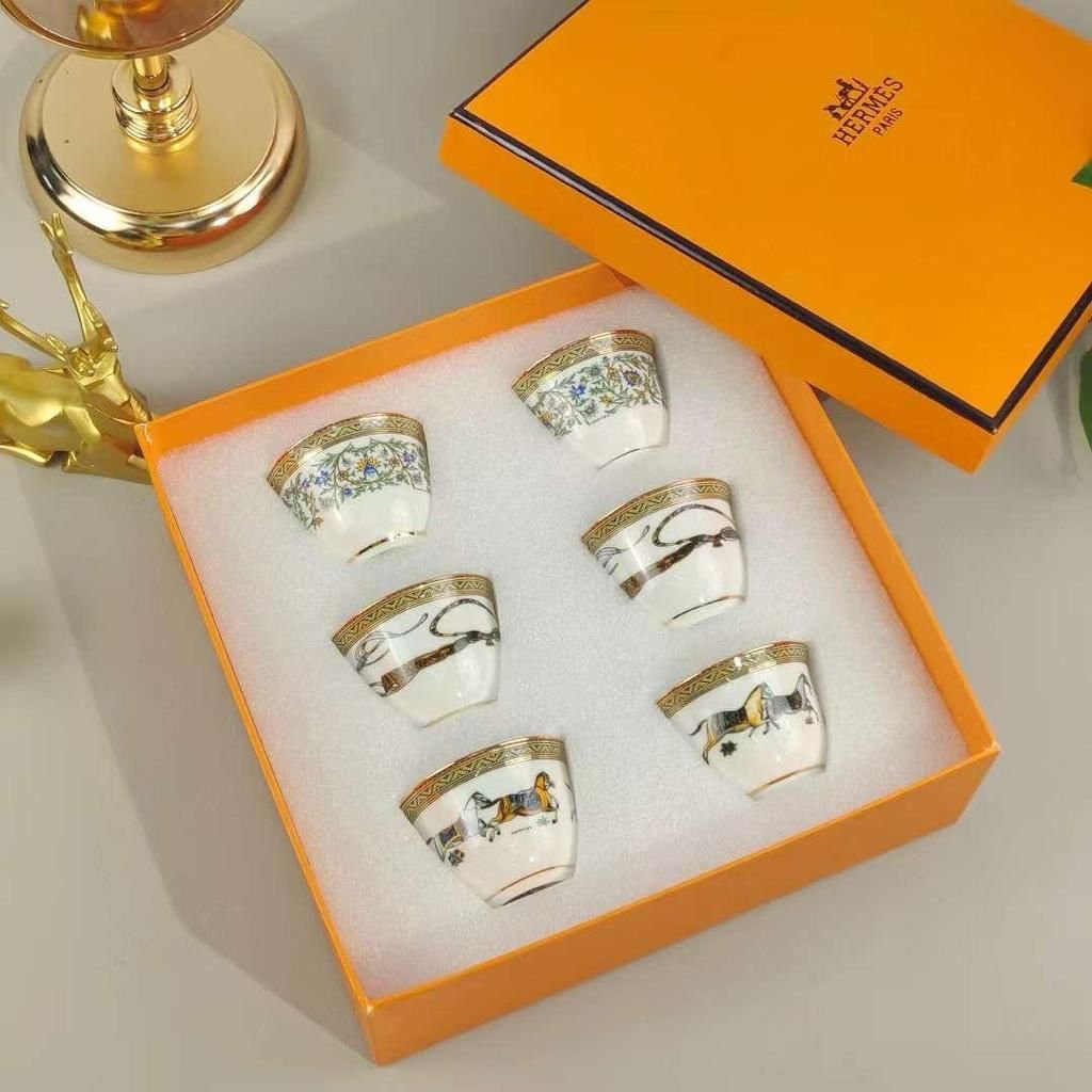 Hermes Arabic Coffee Cups set of six - 3 diffrent drowing design - Hermes Arabic Coffee | Aleppo Gift UAE
